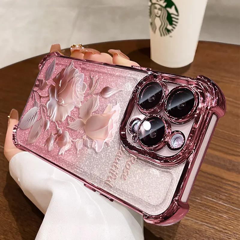 Women's Pink Rose Pattern Handheld Cellphone Casing - Silver Metal Chromium Alloy Frame, Reinforced Edges, Full Body Shockproof Protection - Phone Accessory for iPhone 11-17 Pro Max, Samsung Devices, Smartphone, Accessories