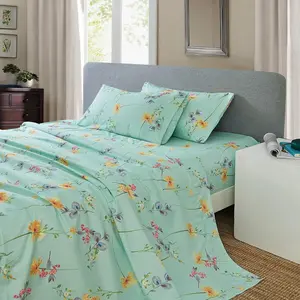 Green Floral Printed Sheet Set Full Size, 4 Piece Soft Botanical Microfiber Sheets Extra Deep Pocket mattress toppers bed