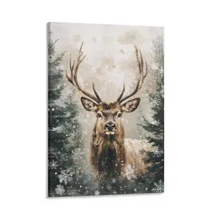 Rustic Christmas Reindeer Canvas Art Winter Snow Holiday Wall Decor Festive Wildlife Painting for Cozy Vintage Seasonal Decor Canvas Roll