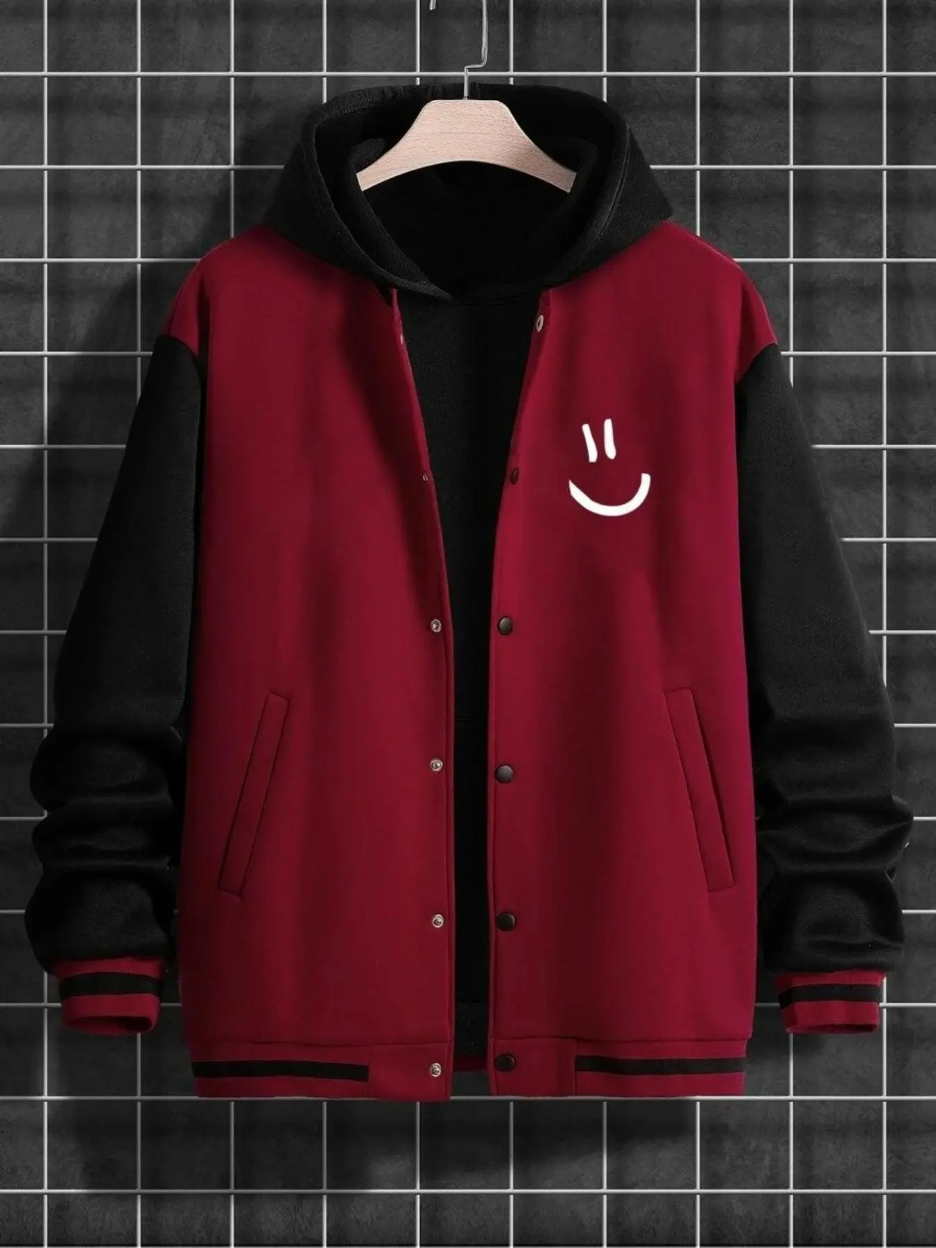 Men's Colorblock Smile Face Print Button Front Varsity Jacket, Regular Fit Casual Drop Shoulder Long Sleeve Outerwear for Fall & Winter, Men's Clothes for Daily Wear, Colorblock Coat, Casual Coats, Fashion Casual Outerwear, Casual Jackets