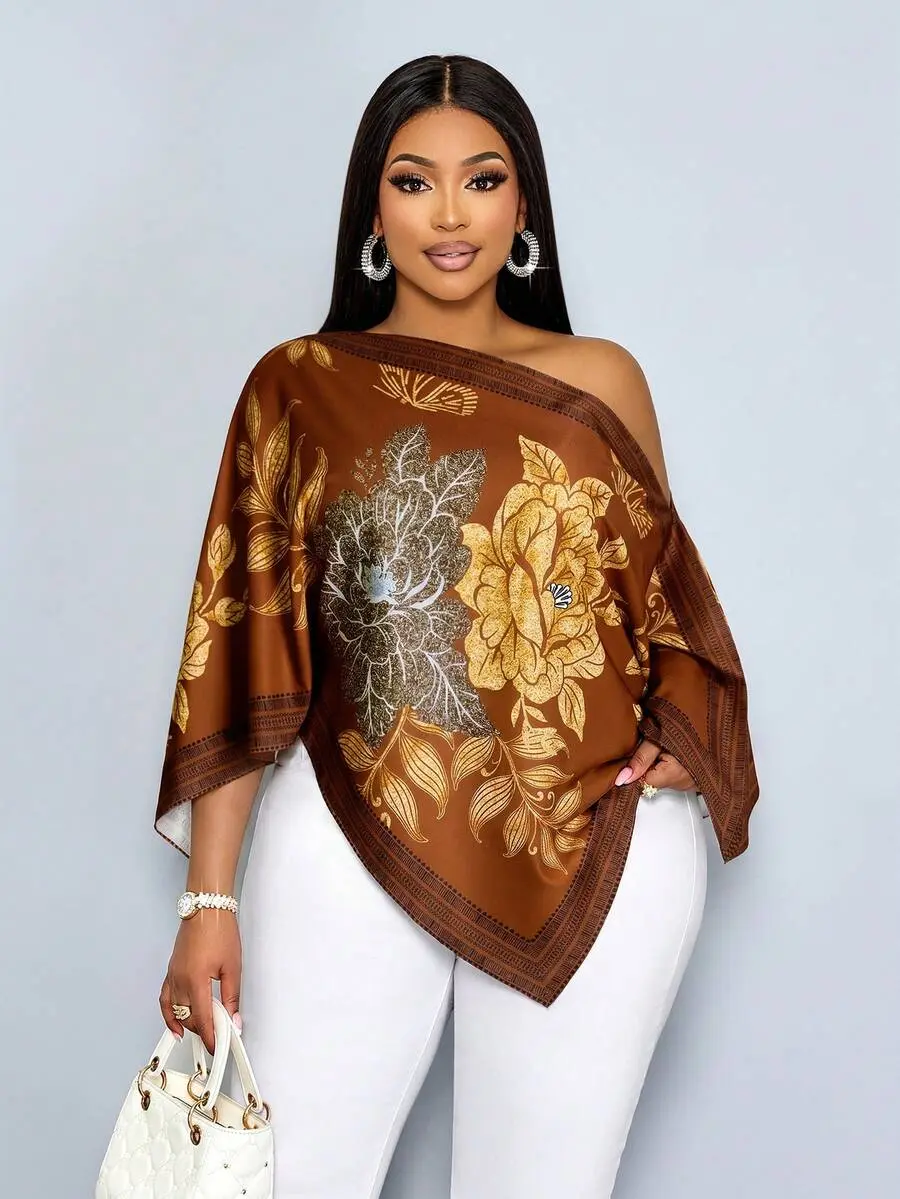 ORLINA Women's Plus Size Casual Elegant Apricot Patterned Asymmetric Neck Long Sleeve Asymmetrical Hem Blouse Oblique Shoulder Split Sleeve Loose Fashionable Shirt Vintage Sunset Holiday Print Batwing Sleeve Tops New Arrival Versatile Daily Commuting,G