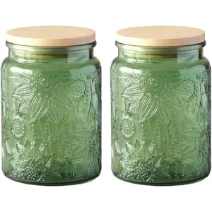 MIUVA Set of 2 Vintage Glass Jars with Lids 23.7 FL OZ Green Storage Jars for Kitchen Counter Pantry Candy Jar with Lid Antique Decorative Canister for Tea Coffee Sugar Stock Up On Specials Stockpile Value Pack Christmas Gift
