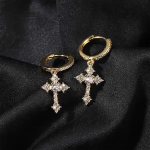 Simple Mini Super Shiny Exquisite Cross Earrings Hip Hop Micro Pave 5A Zircon Unisex Personality Fashion Earrings Stylish Sparkling