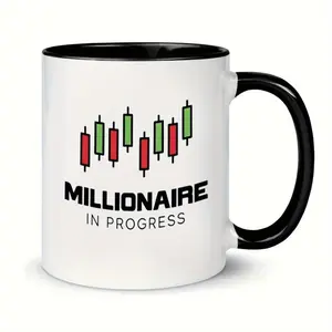 1pc 11oz Ceramic Travel Coffee Mug with Millionaire in Progress Stock Market Design - White with Black & Red Candlestick Chart Graphics, Dishwasher Safe, Perfect Gift for Finance Enthusiasts & Stock Traders, Coffee Cup, Office Drinkware, Bold Typography,
