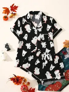2pcs Women’s Halloween Pajama Set, Ghost Graphic Funny Print Short Sleeve Collared Top & Bow Shorts, Cute & Comfy Two Piece Sleepwear 11H8