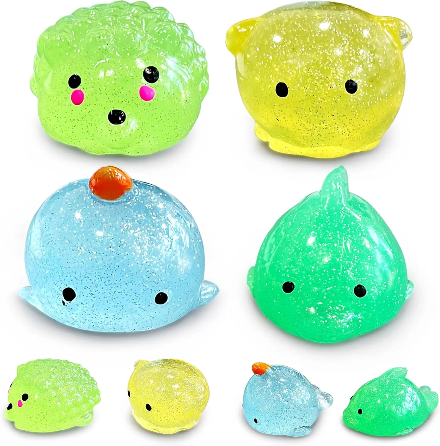 4 PCS Jumbo Glitter Mochi Squishy Toys, Kawaii Sea Animal Squishies for Kids, Sensory Fidget Toys, Soft Stretchy Stress Relief Toys,
