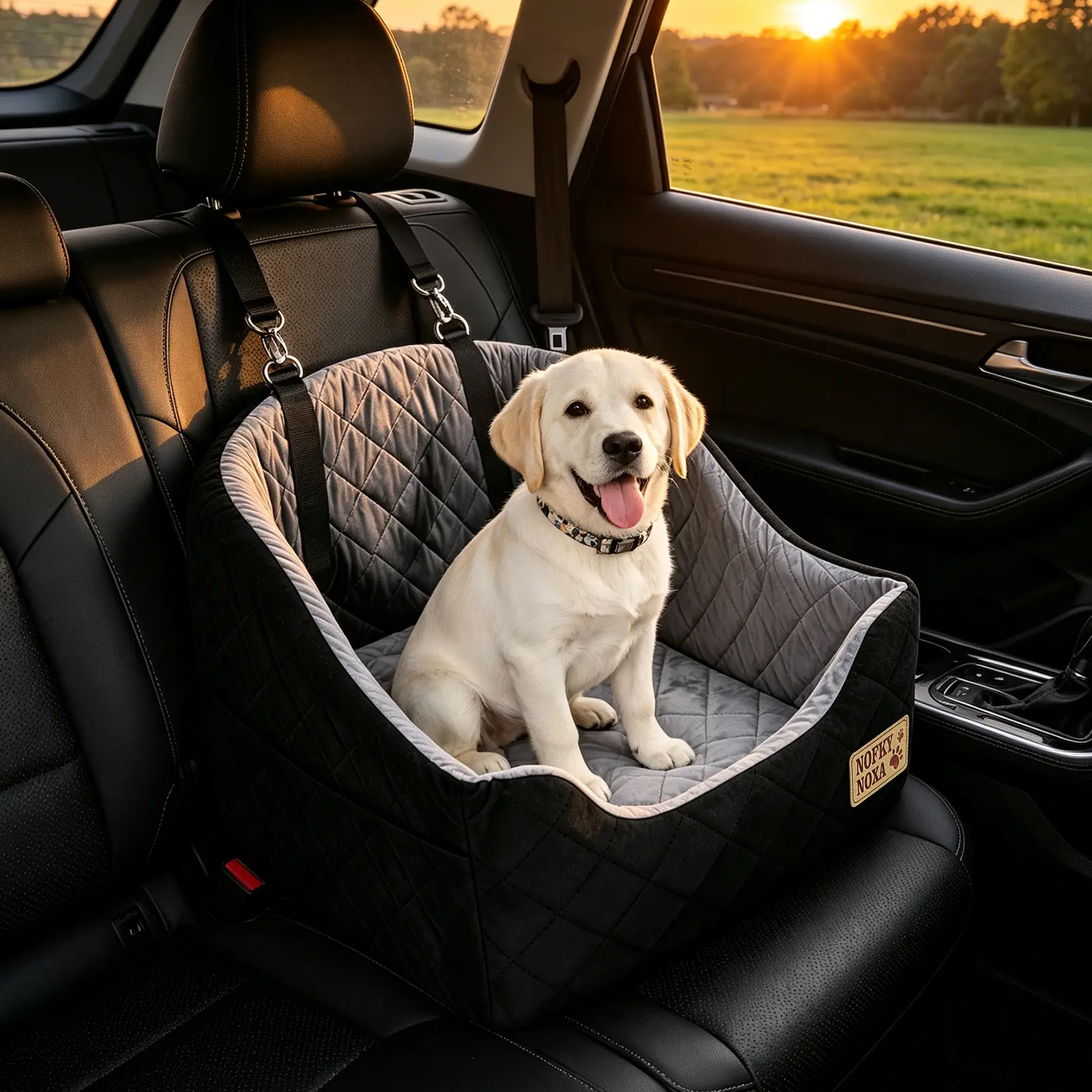 BOFNL Dog CarSeat for Small/Medium & Large Dogs (Up to 107 lbs) - 7-in Raised Memory Foam Cushion, Plush Fabric, Washable Cover, Safety Harness, Non-Slip Base, Pet Blanket, Storage Bag, Raised Cushion