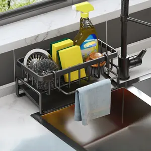 Space-Saving Kitchen Sink Organizer Rack, Adjustable Hooks for Sponge Soap Brush Cloth Storage, Durable Holder, Modern Home Decor Bathroom Essential