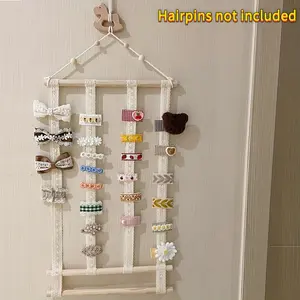 Boho Wall-Mounted Hair Accessories Organizer - Macrame Canvas Hanger with Multiple Hooks for Bows, Scrunchies & Clips - Easy Install 's Room Decor, Bohemian Storage Display Rack, Boho Hair Accessories, Elegant Room Accent, Utility Hooks