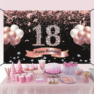 1pc 2D Flat 18th Birthday Decorations for Girls - Rose Golden 18th Birthday Backdrop for her 5. 6 Fts 18th Birthday Party Suppiles Photography Supplies Background Happy 18th Birthday Banner