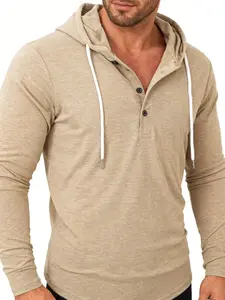 Men's All-Seasons Outfits Heather Pure Color Classic Henley Hoodie, Sweatshirts, Long Sleeve, 4-Button Placket, Drawstring Hood, Slim Fit Soft Fabric, Casual Hooded Top for Daily Wear & Street Style