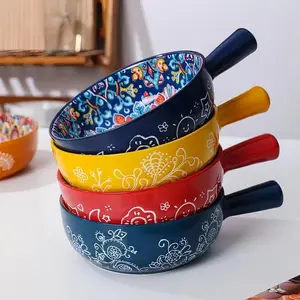 2/4 sets Boho Style Ceramic Salad Serving Bowls with Handle,  Colorful Flower Pattern Bowl, Microwave & Oven Safe Bowl for Home Baking & Serving, Dinnerware