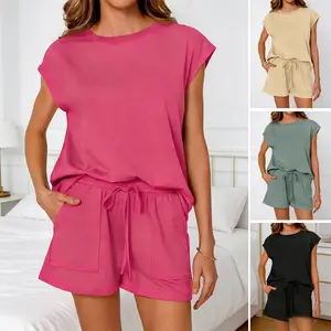 Women's Sleeveless Lounge Set - Casual Crewneck Shirred Top & Bottoms with Pockets - Mother's Day Gift