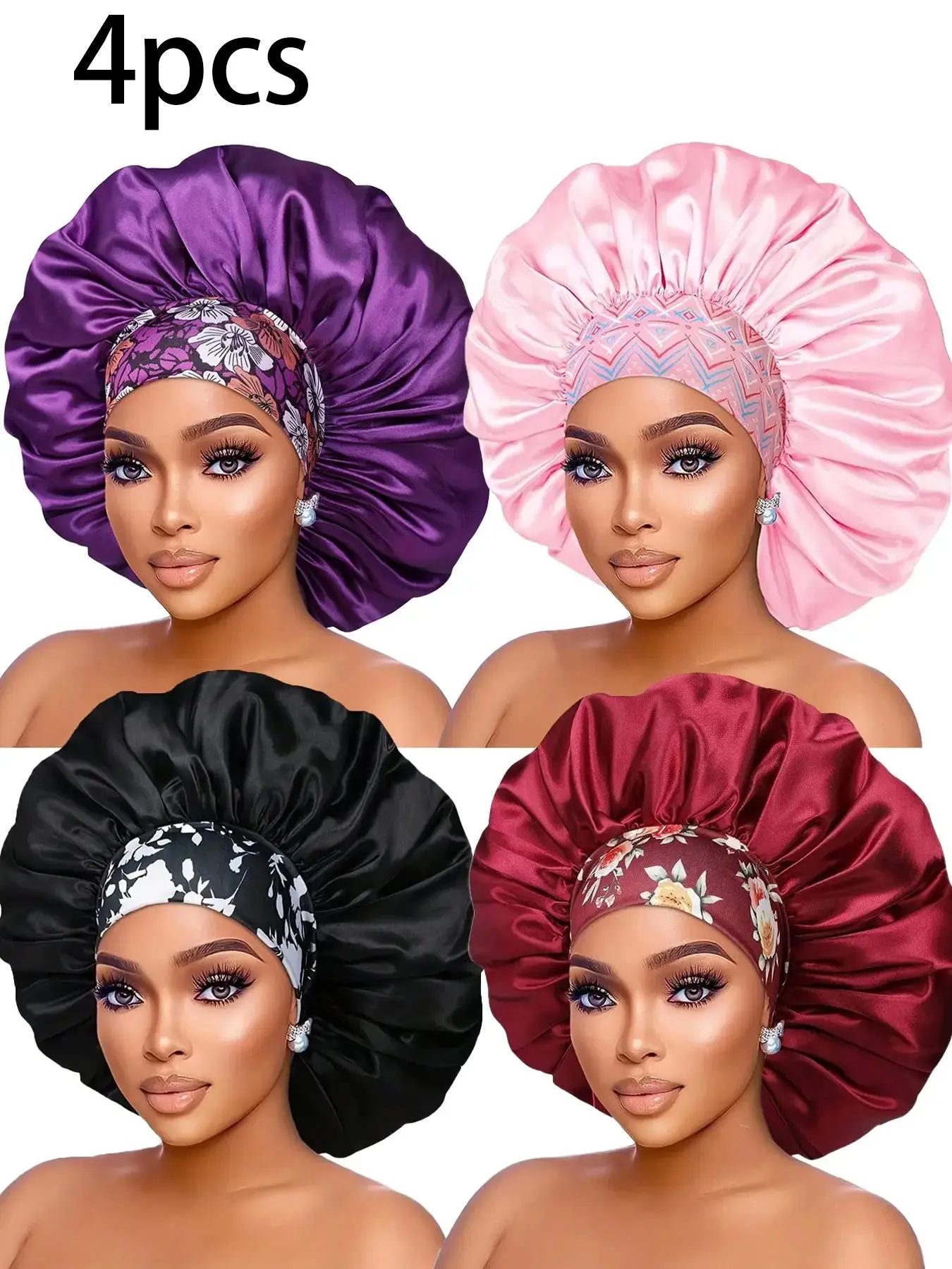 Women's Plain Color Bonnet (4pcs), Casual Fashion Ditsy Floral Print Wide Band Bonnet, Soft Comfortable Sleeping Bonnet for Women & Girls, Bonnets for sleeping, Hair Care Cap, Hair Wrap Cap