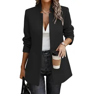 Mina Self 2026 Spring Women's Fashion Herringbone Tweed Blazer Jacket - Long Sleeve Fully Lined Open Front Outerwear for Work Office with Pockets