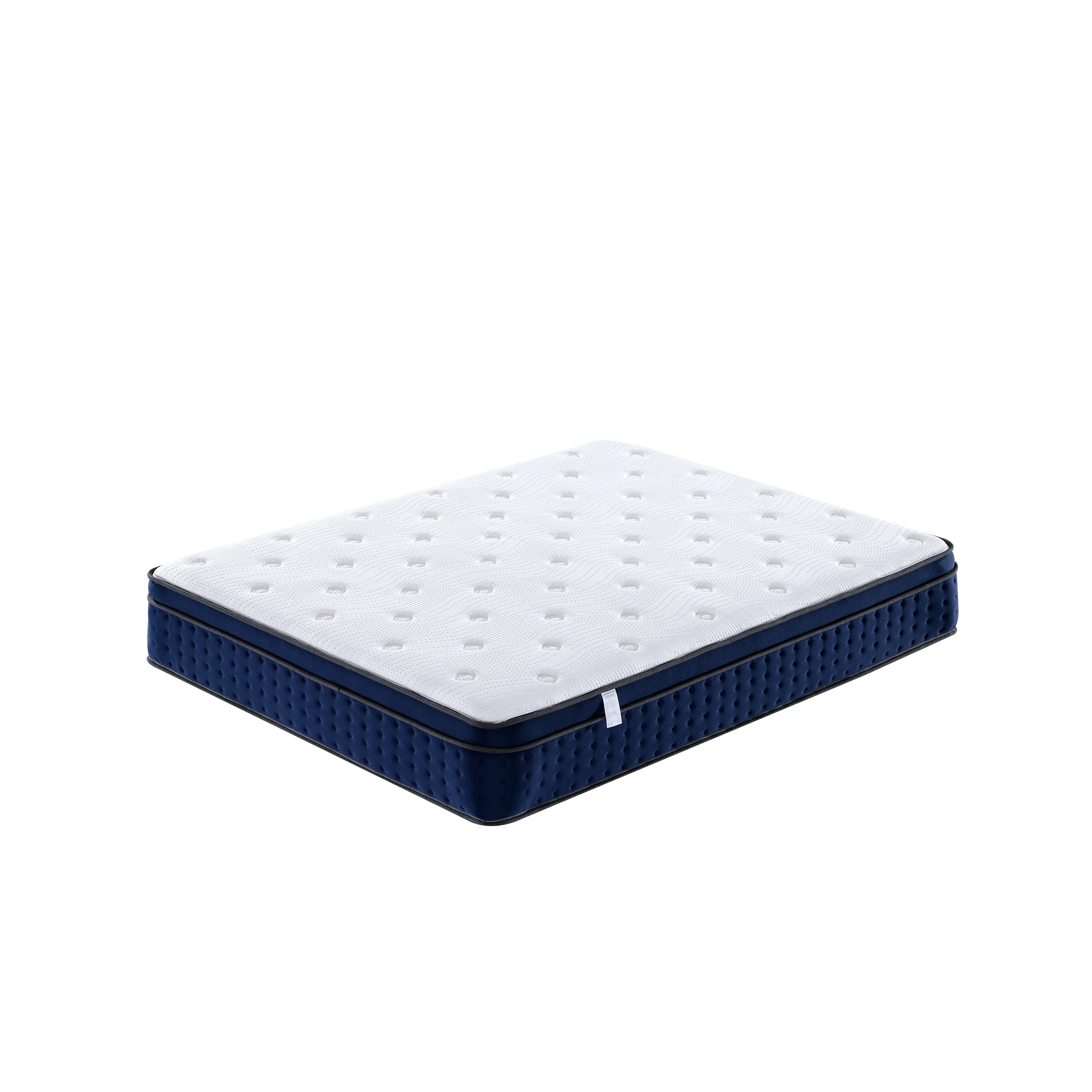 Premium comfortable mattress with navy blue side panels, anti-sag edge support, quiet springs, antibacterial and breathable, suitable for all sizes for home or guest rooms.