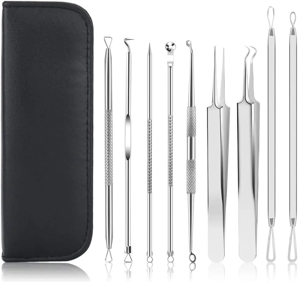 9 PCS Blackhead Remover & Pimple Popper Tool Kit with Stainless Steel Tweezers & Travel Case, Professional Acne Zit Extraction Kit, Whitehead Comedone Extractor for Facial Nose