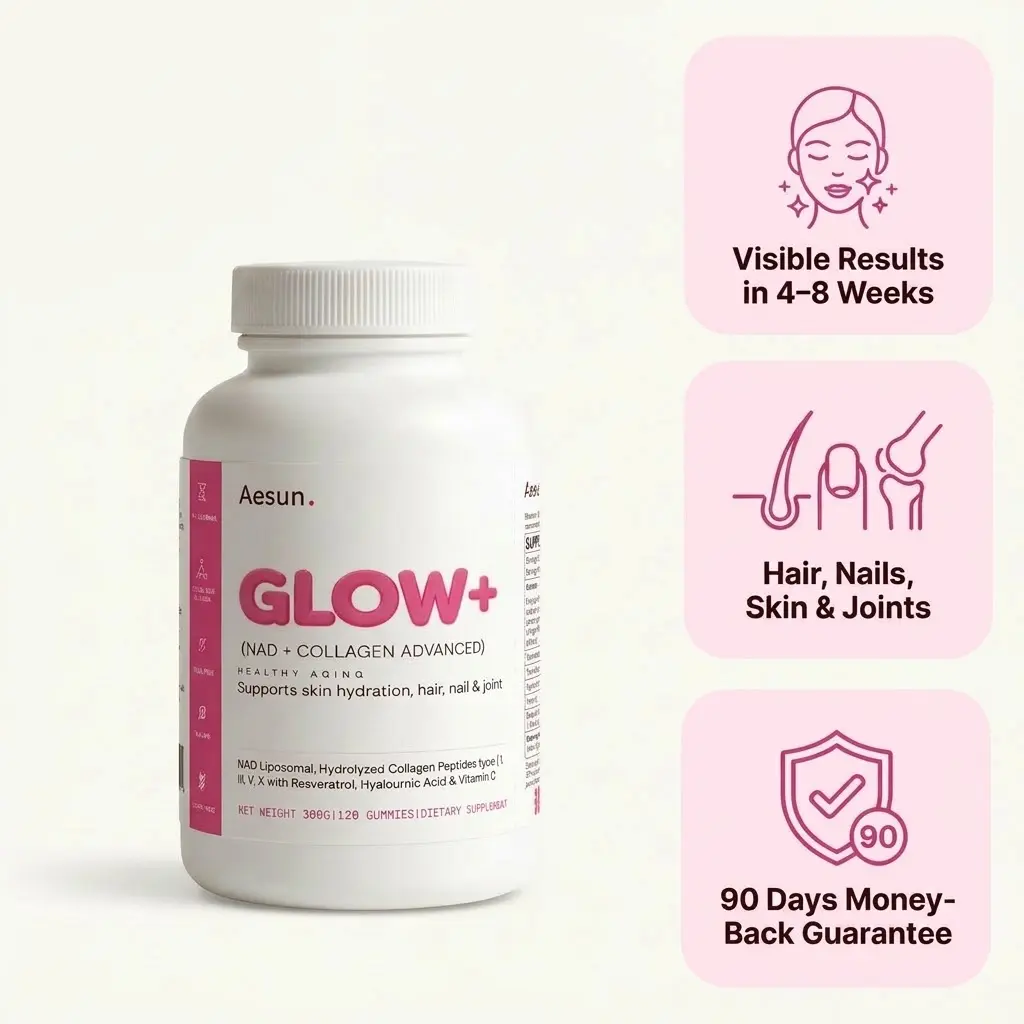 Aesun GLOW+ NAD+ Collagen Advanced Hydrolyzed Collagen with Resveratrol & Hyaluronic Acid for Skin Hair Joint Support Rich in Vitamin C