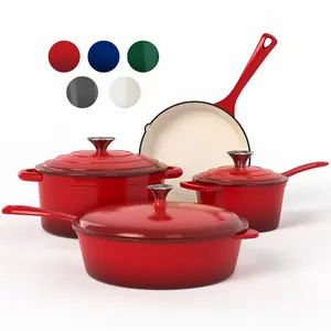 [5 New Colors] Kitchen Academy Enamel Cast Iron 7 Piece Cookware Set, Dutch Oven Pot with Lid, Red Non Stick Pots and Pans set, Oven Safe up to 500°F, Gift for Beloved