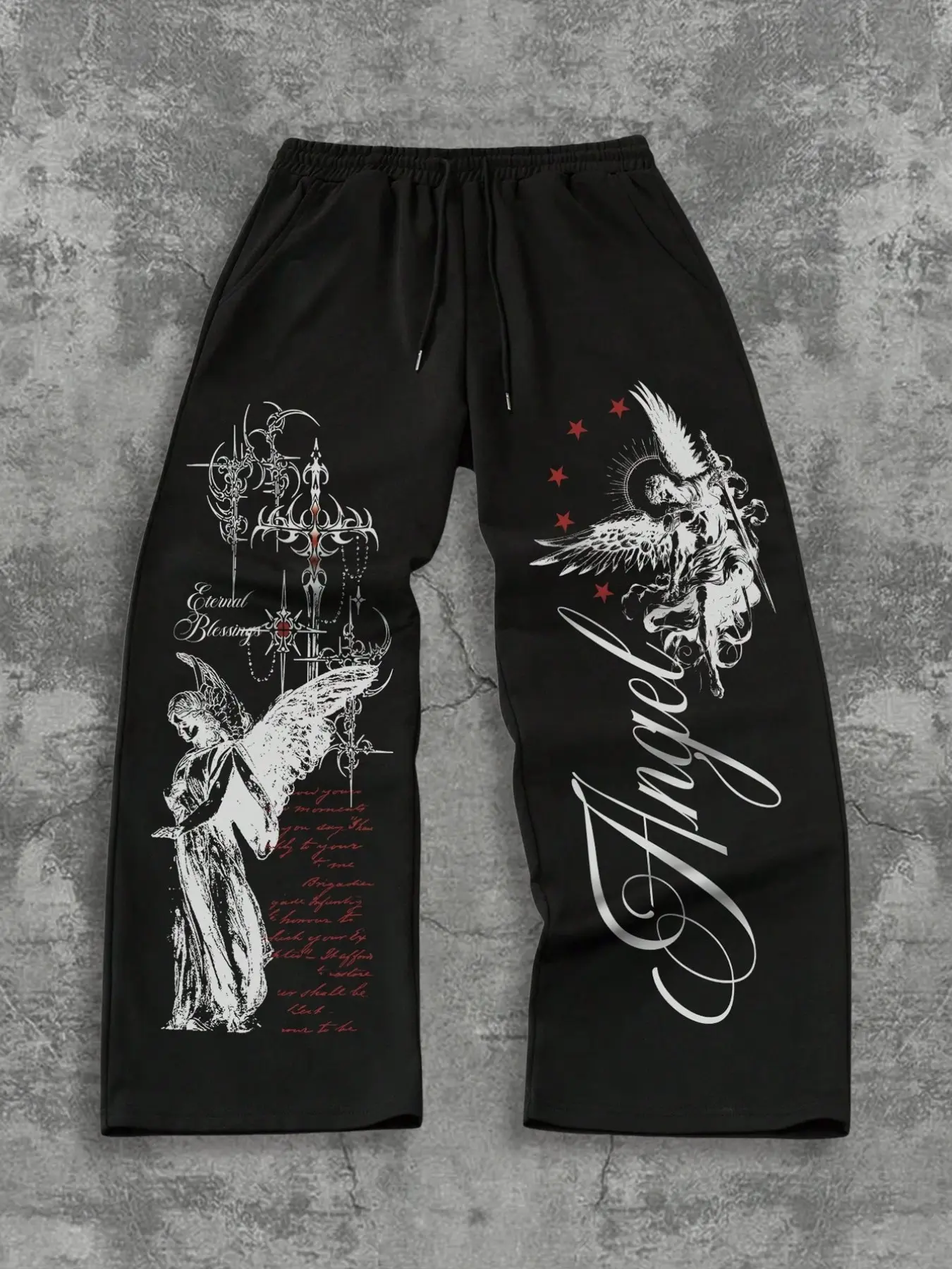 Gothic Renaissance Angel Wide Leg Pants, Boho Comfy Trousers, Casual Loose Pants, Elegant Angel Print, Star Text, Drawstring Waist, Soft Fleece Fabric, Y2K Grunge Style