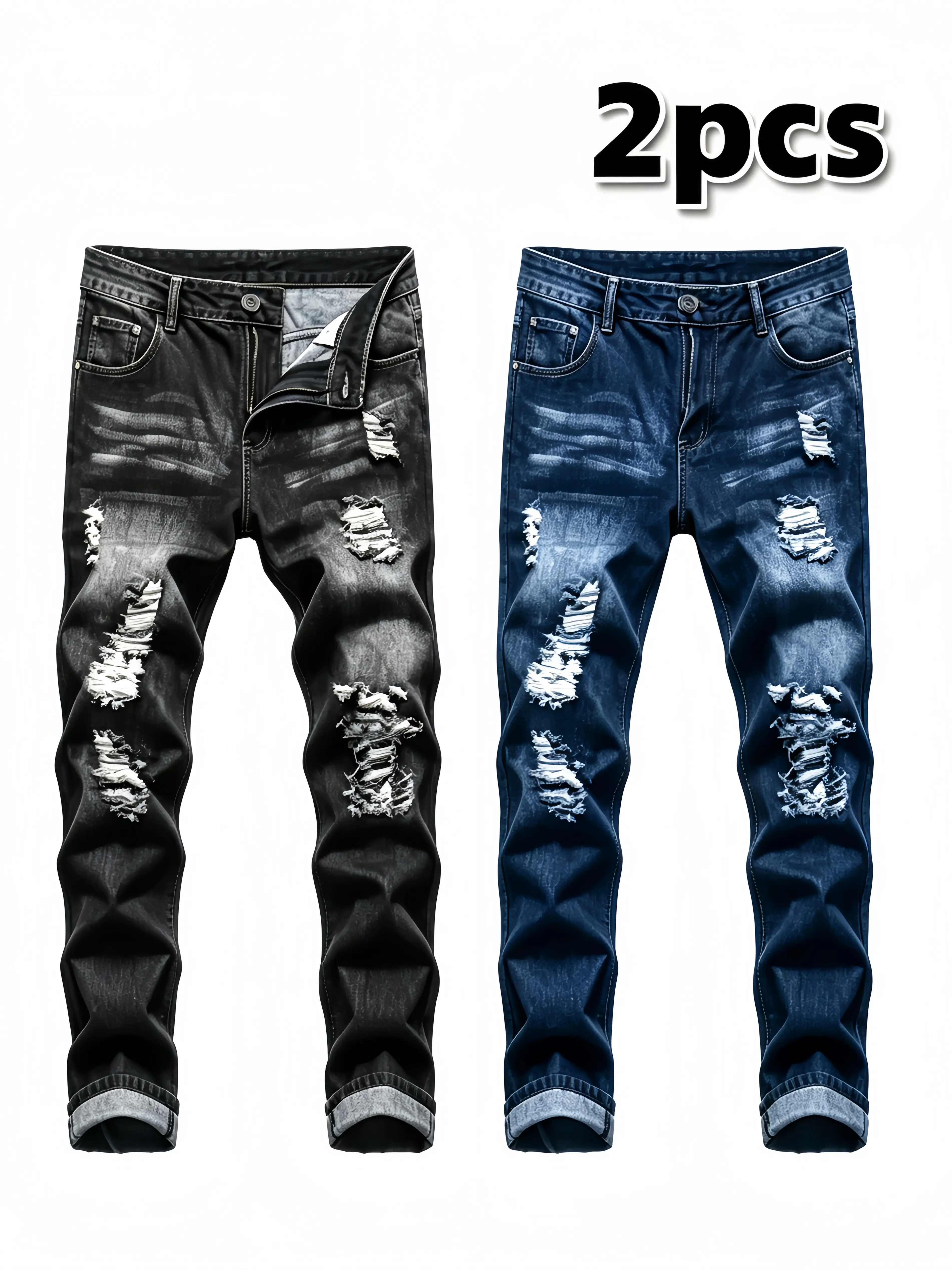 2pcs Men‘s Slim Fit Distressed Ripped Stretch Denim Jeans- Trendy Ripped Jeans for Men - Fashionable Street Style Stretch Jeans for Men - Suitable for All Seasons Grunge Style Straight Leg Skinny Pants, Trendy Casual Versatile Daily Outfit Denim Trousers
