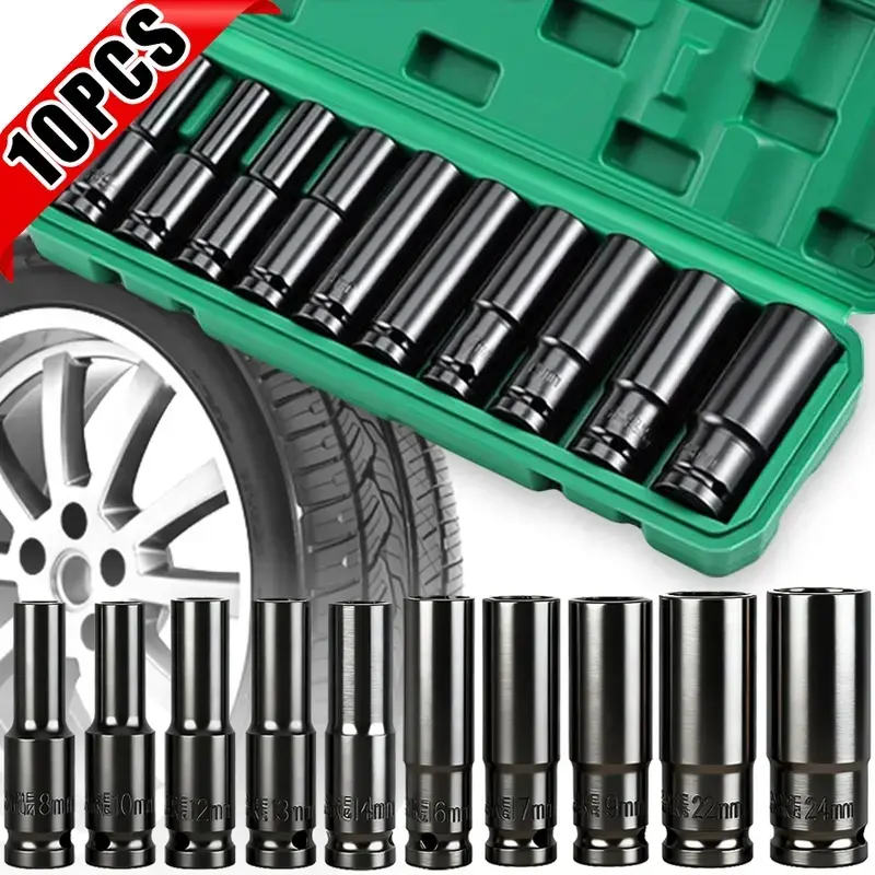 12 Drive Impact Socket Set, 10 Sockets and Driver Tool Kit, Standard Metric Size (8-24mm) Mechanics Tool Kit Socket Kit Metric Drive Socket Wrench Set with Plastic Tool Case