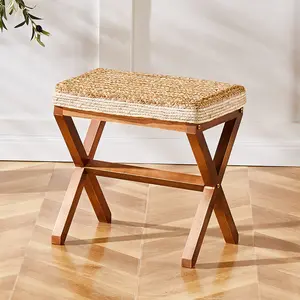 Natural Water Hyacinth Woven Stool, Solid Wood Cross-Leg Footstool for Vanity, Entryway & Boho Aesthetic Furniture (Supports 300 LBS)