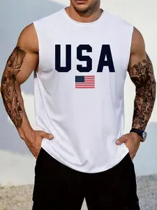 Men's Letter & Flag Print Round Neck, Regular Fit Graphic Sleeveless Crew Neck Top for Summer, Athletic Tank Tops, Casual Men's Clothes for Daily Wear