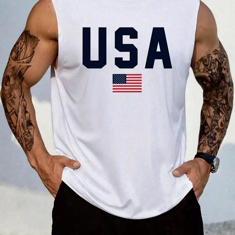Men's Letter & Flag Print Sleeveless Crew-Neck Tank Top, Regular-Fit Graphic Athletic Tank for Summer, Casual Men's Clothes for Daily Wear, Muscle Tank Tops, Crewneck, Menswear, Sleeveless Muscle Shirt