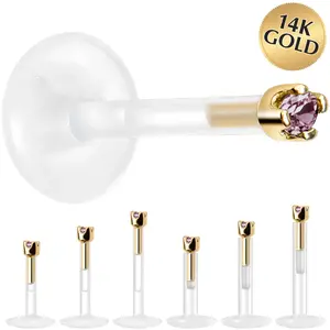 Solid 14KT Yellow Gold June 1.5mm CZ Bioplast Push in Labret Monroe