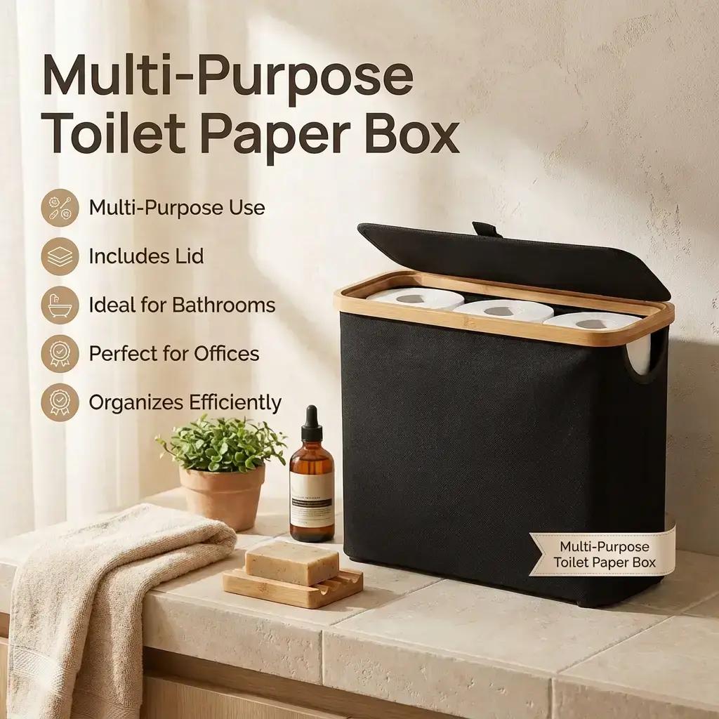 Toilet Paper Holder Storage Box, 1 Count Multi Purpose Bathroom Organizer with Lid, Prefer for Home Office or Laundry Room