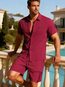 Summer men's new suit, simple texture collar short-sleeved shirt   drawstring shorts casual suit, lightweight and breathable, casual and comfortable suitable for vacation, travel, daily wear. Menswear