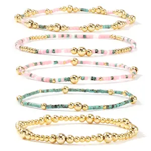 Shinus Boho 14K Gold Beaded Stretch Bracelet Stack for Women, 5PCS Boho style Handmade Turquoise Pink Small Beads cute Bracelets Set Fashion Holiday Prom Jewelry Friendship Gift, gift for her