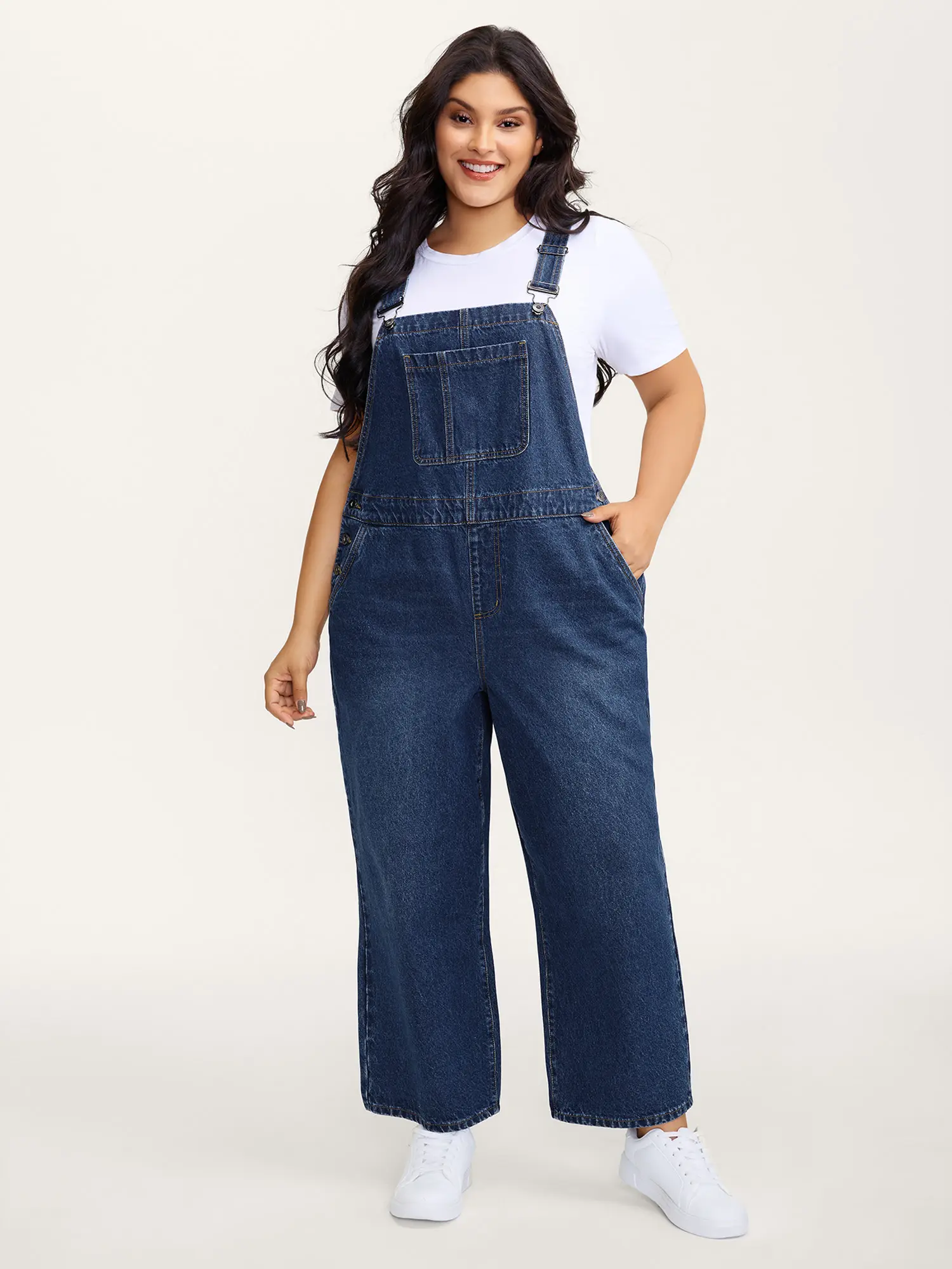 BLOOMCHIC Women's Plus Size Basics Plain Washed Look Cotton Blend Denim Overall Jumpsuit [M-6X] - Sleeveless Loose-Fitting Curvy Clothing with Pockets, Adjustable Straps, Casual Summer Everyday Outfit