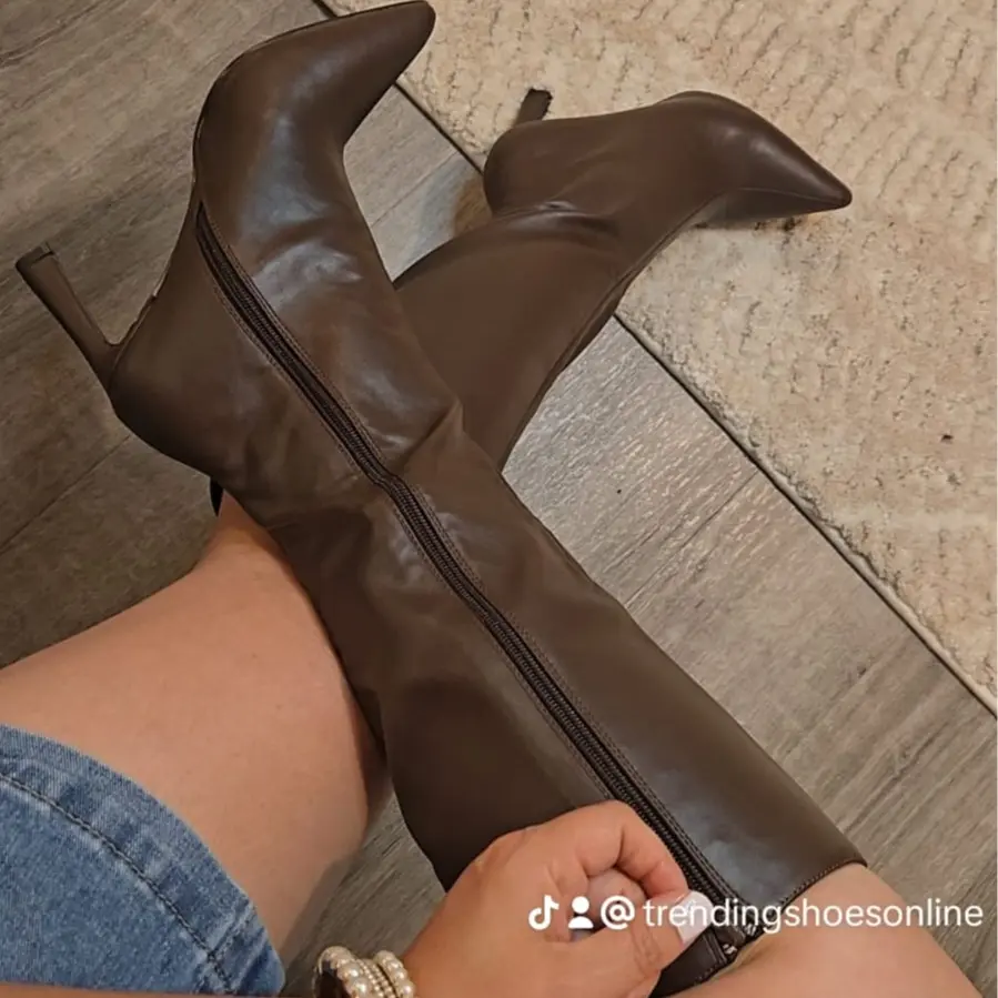 BOTA PUNTA FINA CAFE Women's Brown Leather Knee-High Boots with Zipper Closure Pointed Toe Design Elegant Versatile Casual Walking Shoes for Various Occasions - Girl