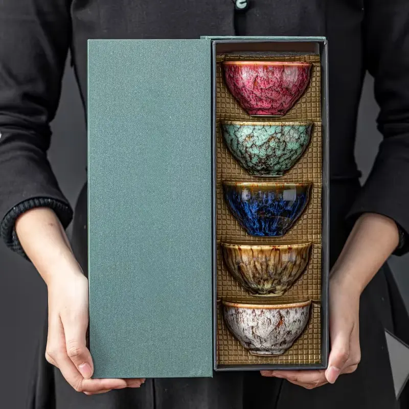 5pc Handmade Ancient Jianzhan Ceramic Tea Cup Set - Traditional Kiln-Baked Porcelain Kung Fu Cups - 5-Element Artistic Design - Elegant Gift Box for Office, Home