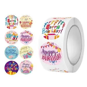 500 Round Birthday Stickers Per Roll, Cartoon Happy Birthday Labels, Handmade Sealing Stickers for Gifts, Envelopes, Mailers, Self Adhesive Stickers