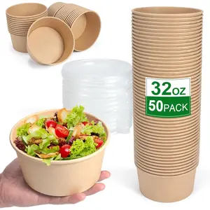 50 32-ounce disposable meal prep containers, paper bowls with lids, disposable soup bowls, dual-use disposable soup bowls for hot and cold food, disposable salad bowls with lids