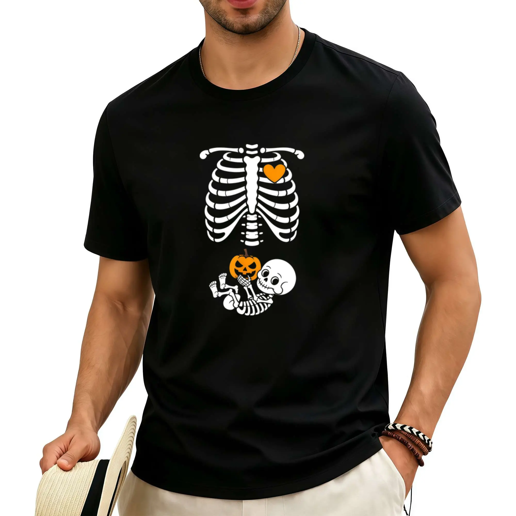 Halloween Skeleton Baby Rib Cage Maternity Pregnant Pumpkin T-Shirt