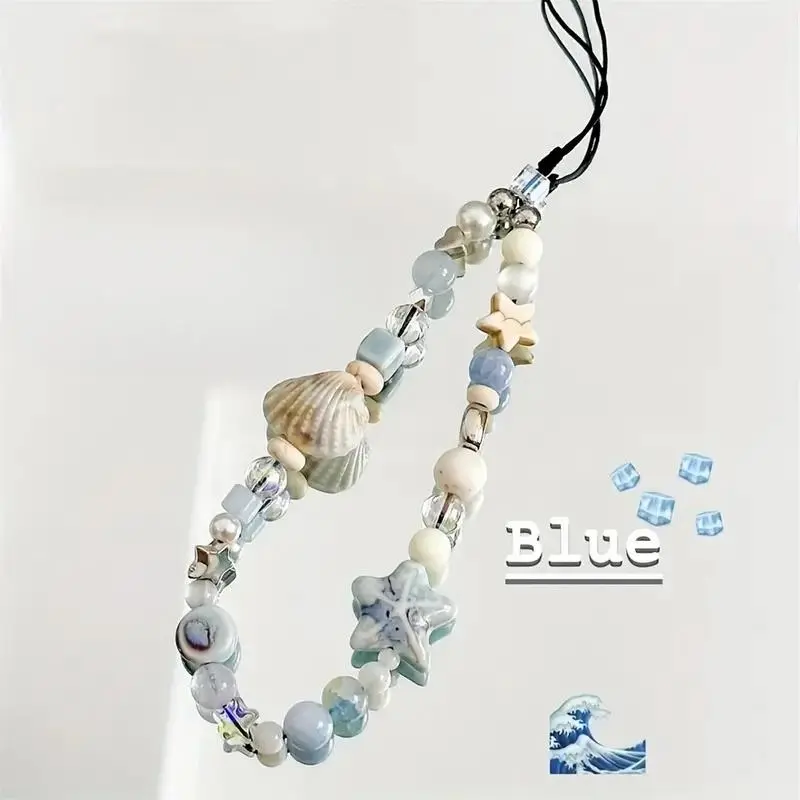 Vibrant Seashell Phone Strap, Dainty Charm Chain with Sparkling Blue Star Accent, Adjustable & Detachable Keychain, Compatible with iPhone Cases, Phone Lanyard, Phone Wrist Strap, Phone Accessory