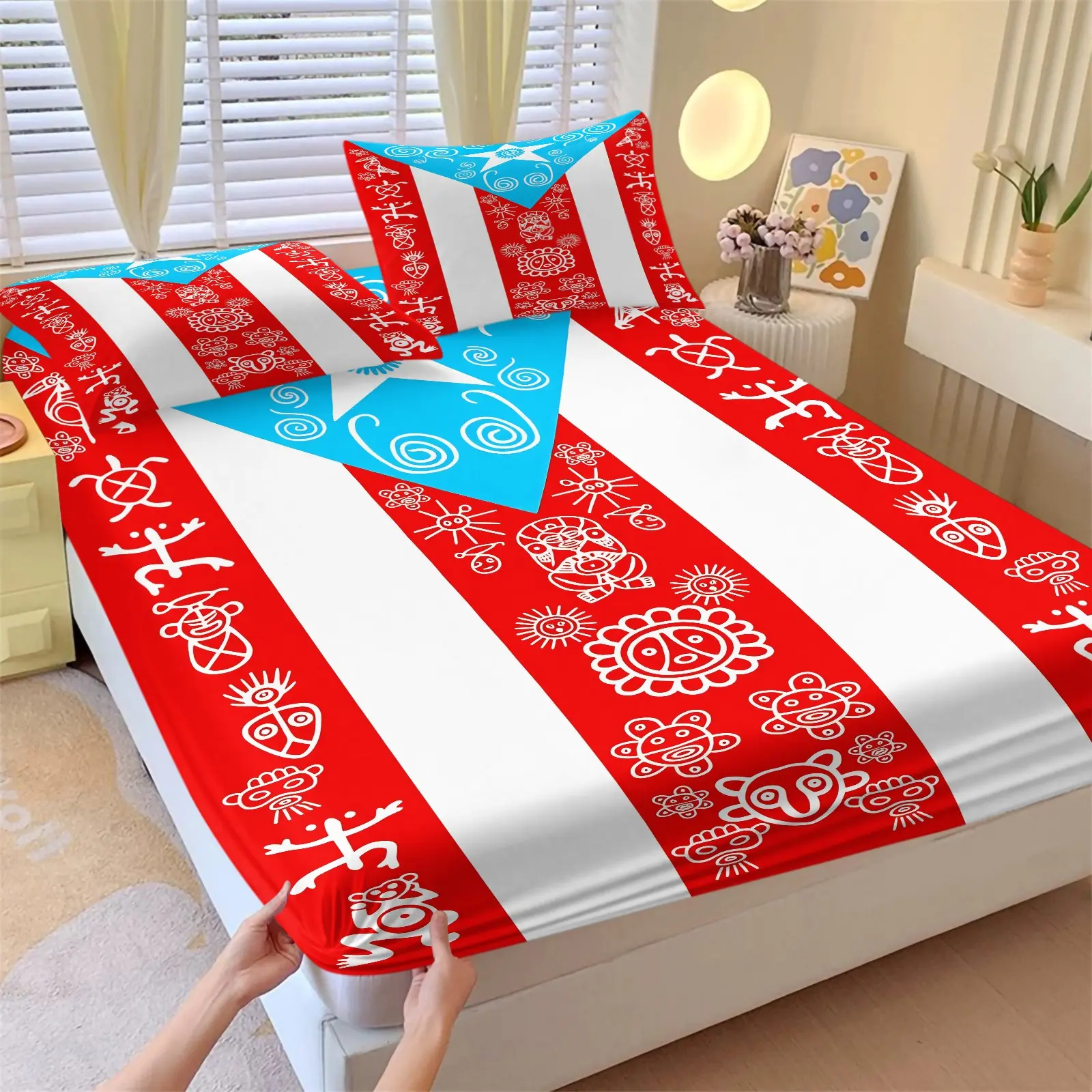 3Pcs Puerto Rico Taino Fitted Sheet Set, Boricua Tribal Sun Coqui Print, Red White Blue Flag Pattern, Soft Microfiber Deep Pocket Bedding with 2 Pillowcases, For Teen Bedroom & Latinx Decor, Great Gift for Puerto Rican Pride