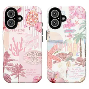 FL-Pink Pastel Summer Beach Phone Case,Sea Turtle & Palm Tree Aesthetic Protective Cover For iPhone 11 12 13 14 15 16 17 Air Pro Max