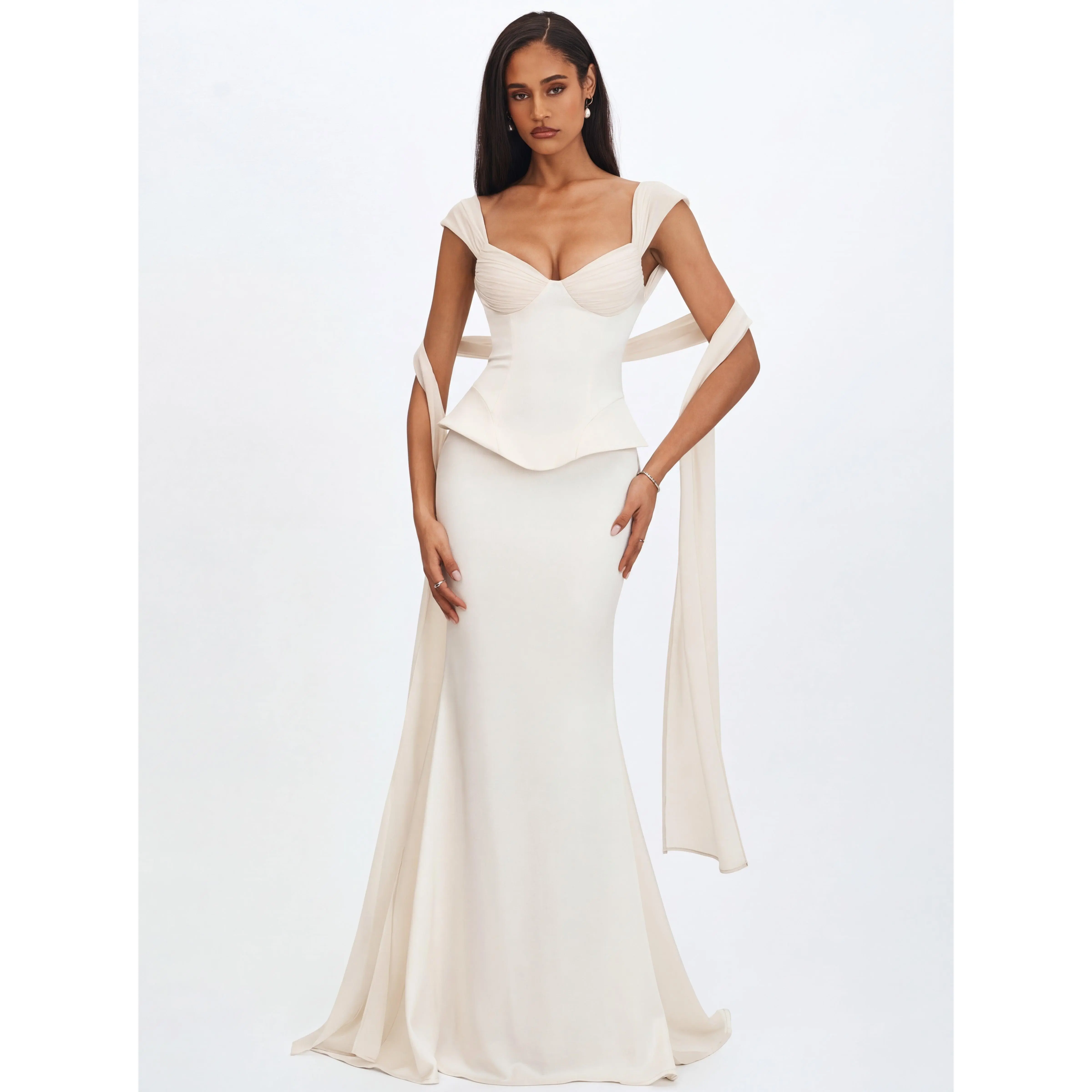 Jessalyn Ivory Sweetheart Peplum Mermaid Wedding Dress with Chiffon Scarf