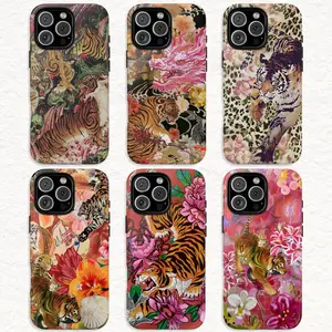 Vintage Chinese Tiger Phone Case, Japanese Tigers Phone Case, Korean Traditional Tiger Phone Case for Samsung and iPhone 17 16 15 14 13 12 11 Pro Max Monkey Cartoon Cute Protection Curve Floral