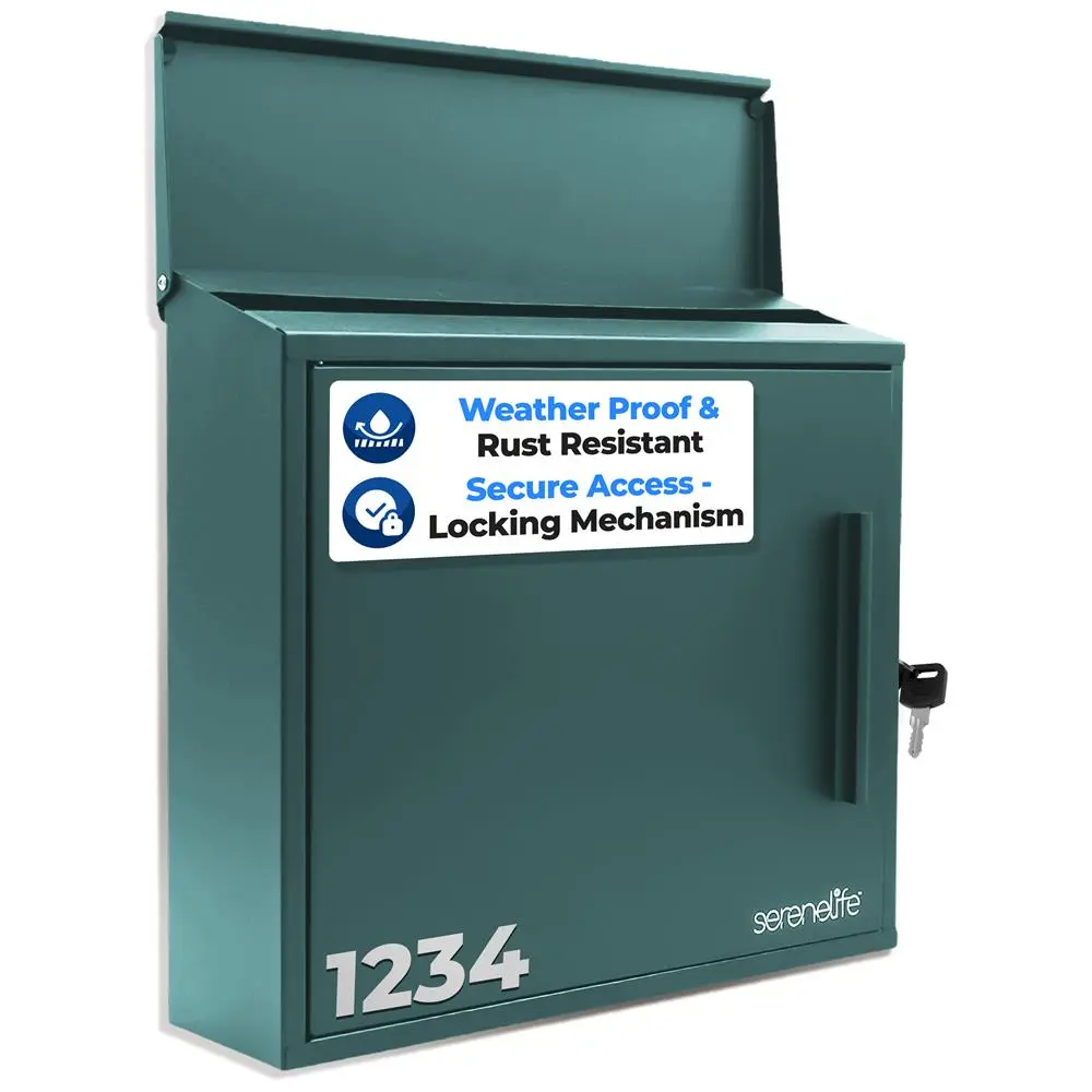 Outdoor Locking Mailbox - Green | Secure Wall Mounted Galvanized Steel Mail Holder with Keys - Weatherproof & Rust-Resistant Post Box for Home & Office Use - Easy Install