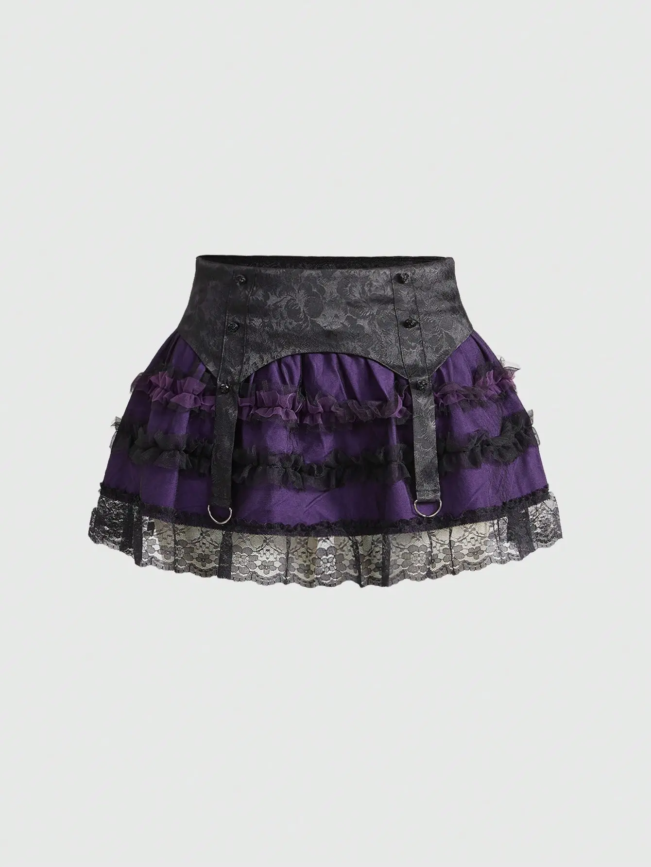 Women’s Gothic Mini Skirt, Jacquard Mesh Lace Patchwork Low Rise Skirt with Ruffled Cake Hem, Grunge Fashion  for Halloween, Cosplay, Holiday Parties & Costume Events