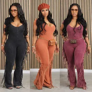 Casual Side Fringe Tassel One Piece Jumpsuit for Women Clothing V-neck Short Sleeve Skinny Flare Pants Rompers and Jumpsuits  2025 Womenswear OverallsValentine's Day Outfit