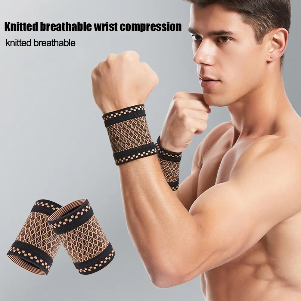 2-Pack Copper Elastic Wrist Compression Sleeves for Men & Women, 3D Weaving Durable Protectors, Relieves Wrist Pressure for Sports, Typing, Home Use, Elastic Wristbands