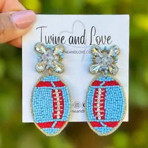 Blue Cyan Red Football Beaded Earrings