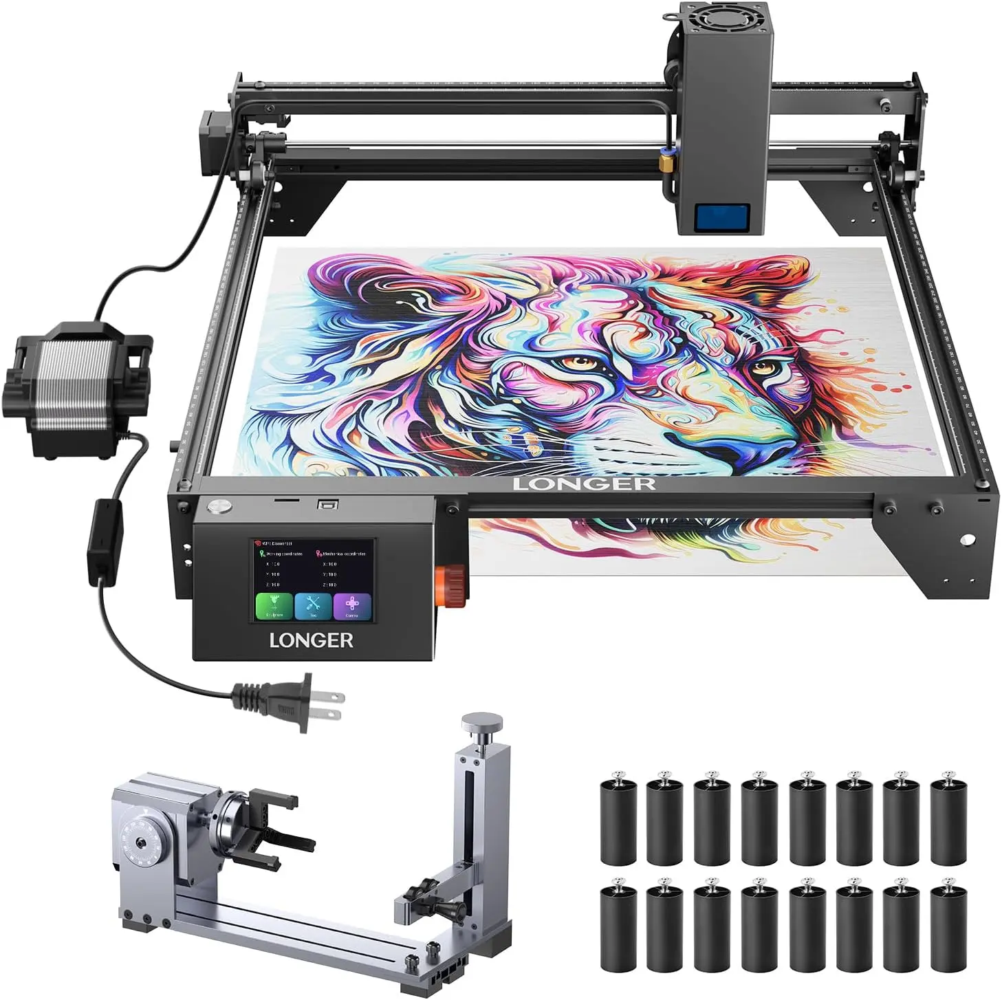 Longer New Upgrade RAY5 20W Laser Engraver with Air Assist Kit, 3-in-1 Rotary Roller, and 16 Pcs Raiser, High Precision Laser Cutter and Engraver for Wood, Metal, Acrylic, Cylindrical Objects, Tumblers